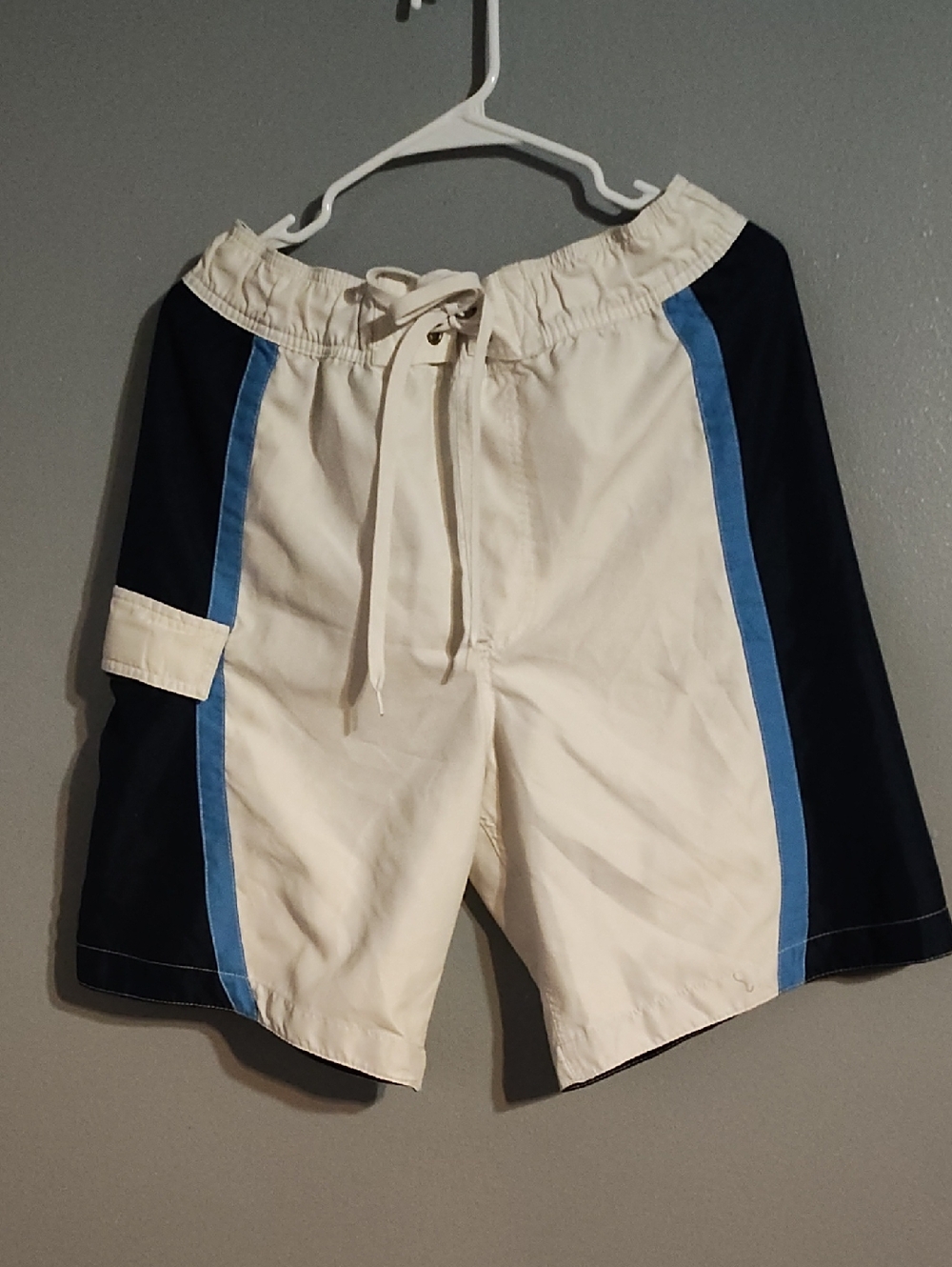 Mossimo Men's White and Navy Swim Shorts with Blue Stripe